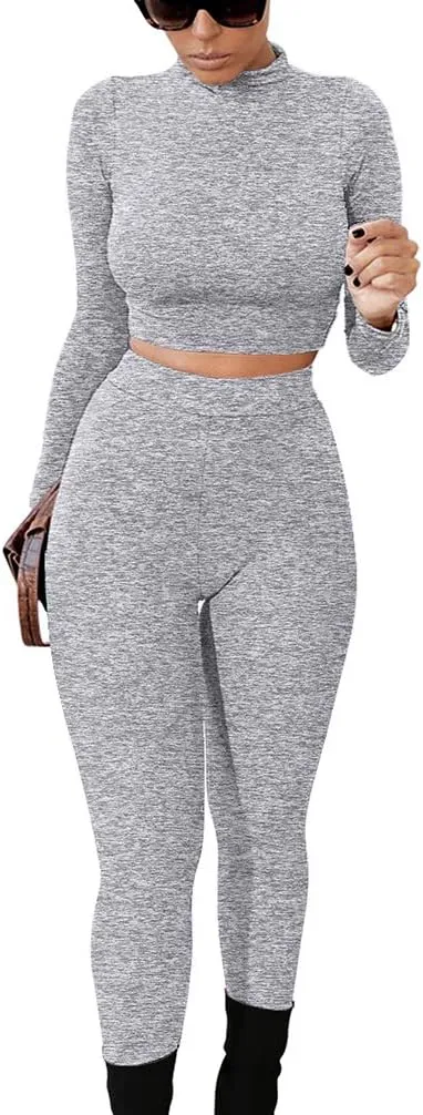 GOKATOSAU Women's Sexy 2 Piece Outfits Long Sleeve Crop Top Pants Set Club Jumpsuits