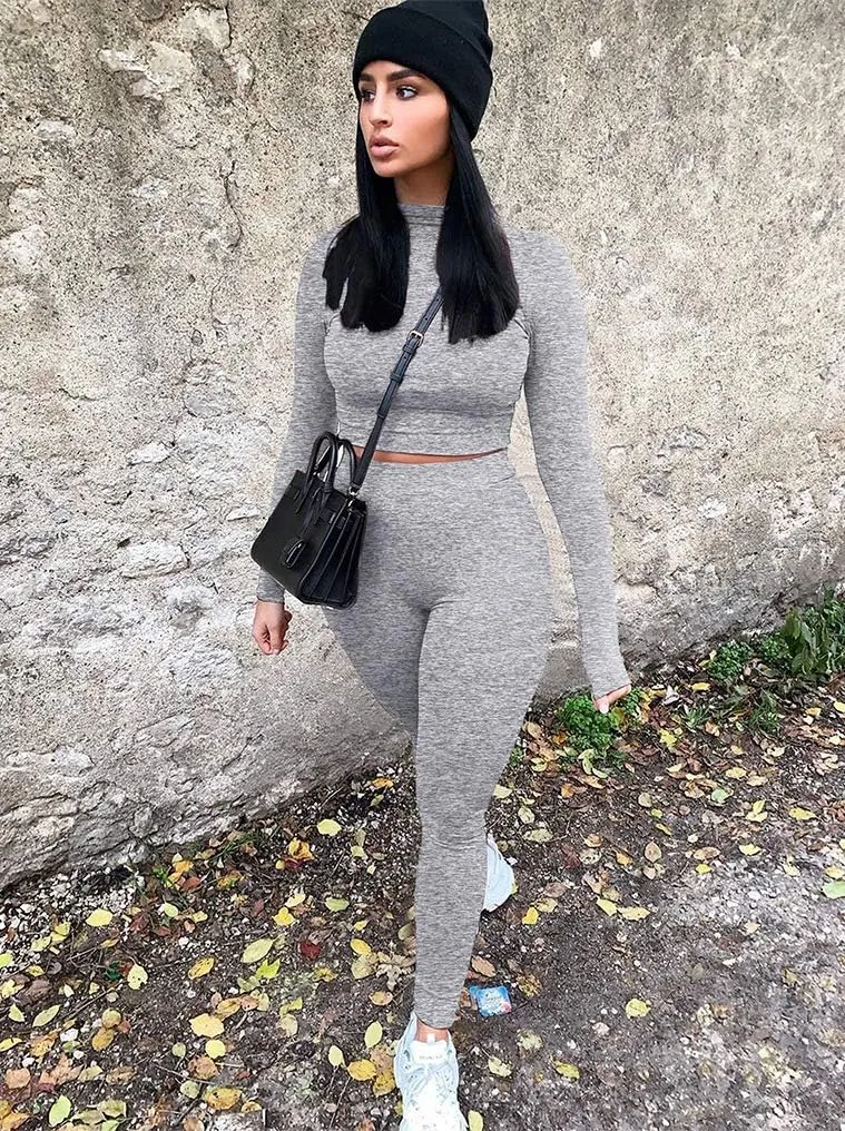 GOKATOSAU Women's Sexy 2 Piece Outfits Long Sleeve Crop Top Pants Set Club Jumpsuits