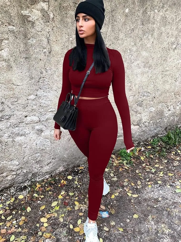 GOKATOSAU Women's Sexy 2 Piece Outfits Long Sleeve Crop Top Pants Set Club Jumpsuits