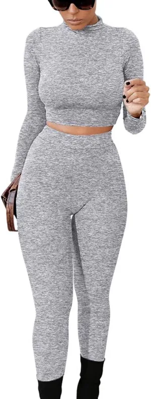 GOKATOSAU Women's Sexy 2 Piece Outfits Long Sleeve Crop Top Pants Set Club Jumpsuits