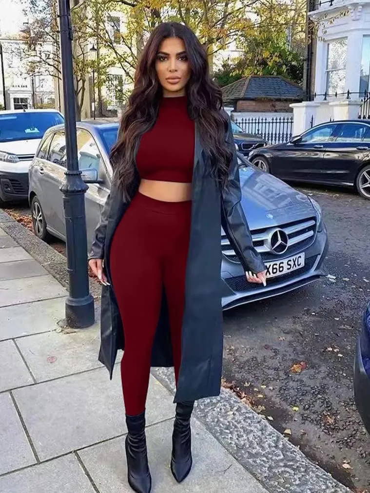 GOKATOSAU Women's Sexy 2 Piece Outfits Long Sleeve Crop Top Pants Set Club Jumpsuits