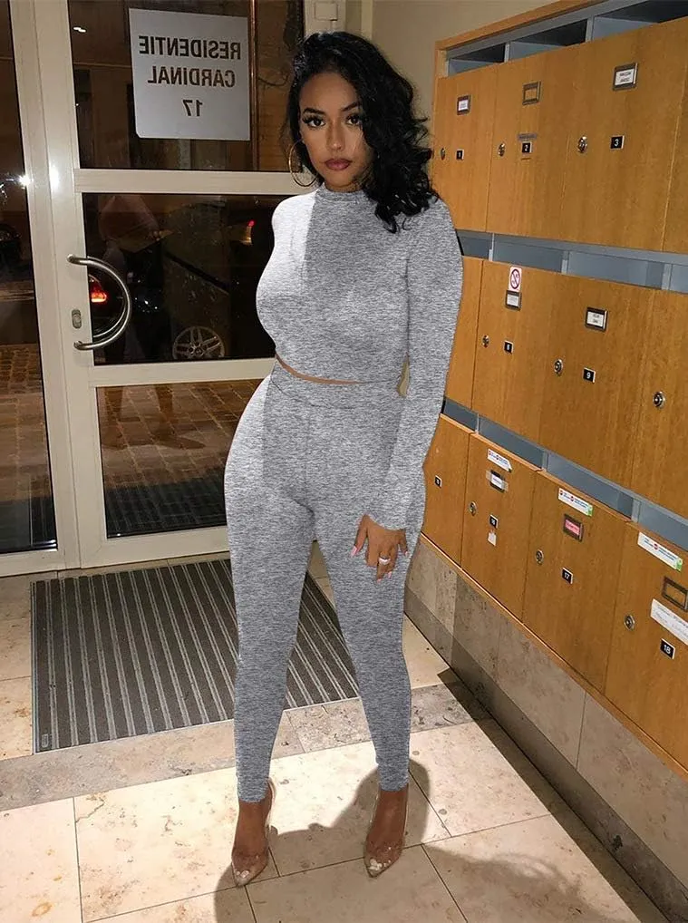GOKATOSAU Women's Sexy 2 Piece Outfits Long Sleeve Crop Top Pants Set Club Jumpsuits