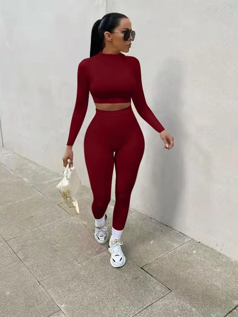 GOKATOSAU Women's Sexy 2 Piece Outfits Long Sleeve Crop Top Pants Set Club Jumpsuits