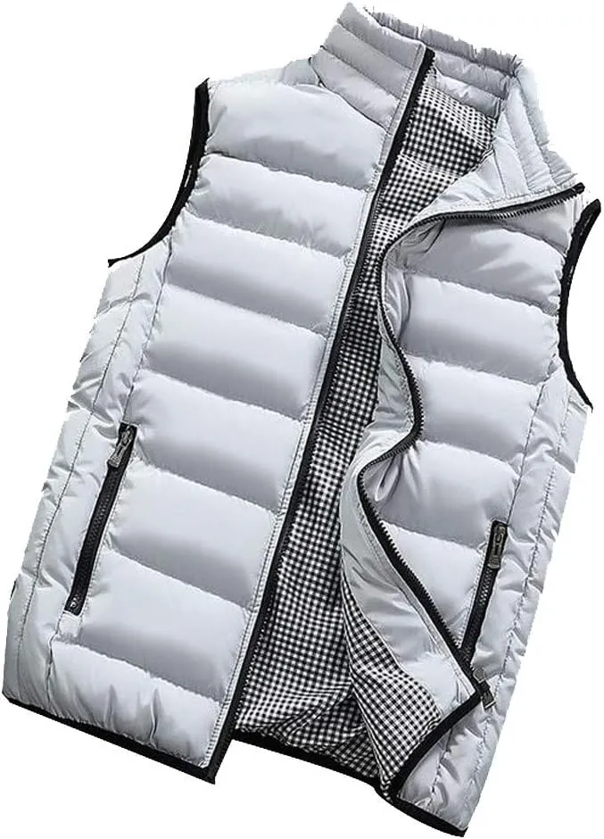 GOKKILRW Mens Outdoor Casual Stand Collar Padded Puffer Vest Warm Winter Waterproof Ski Jacket Cotton Padded Waistcoat