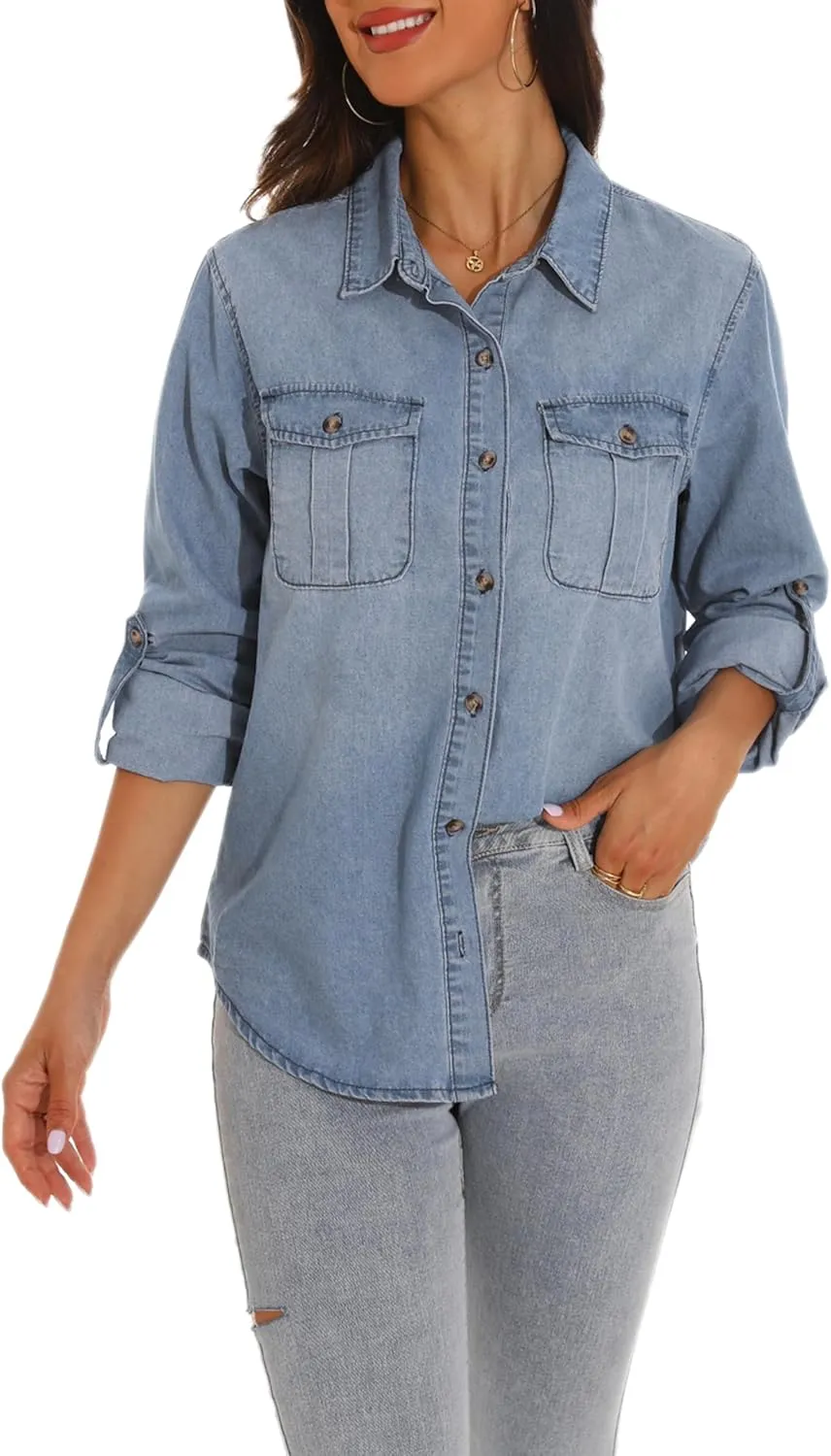 GUANYY Womens Denim Button Down Shirt Long Sleeve V Neck Jean Shirts Western Chambray Blouse Top