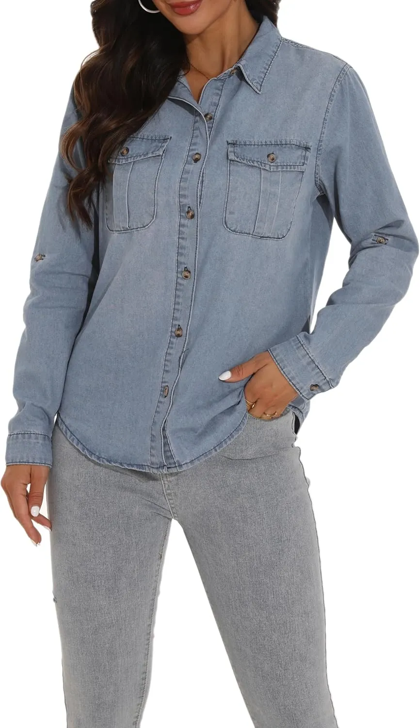 GUANYY Womens Denim Button Down Shirt Long Sleeve V Neck Jean Shirts Western Chambray Blouse Top