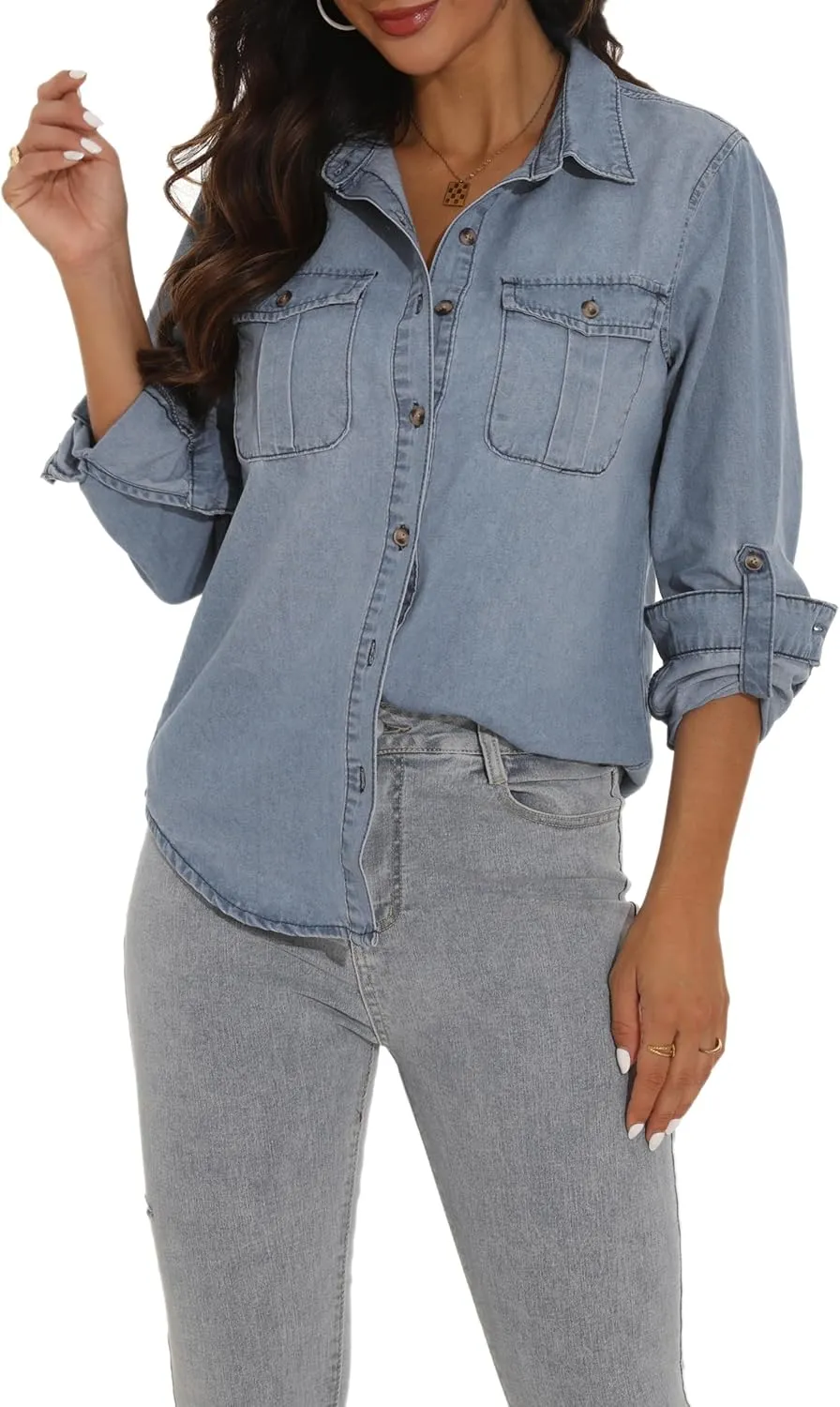 GUANYY Womens Denim Button Down Shirt Long Sleeve V Neck Jean Shirts Western Chambray Blouse Top
