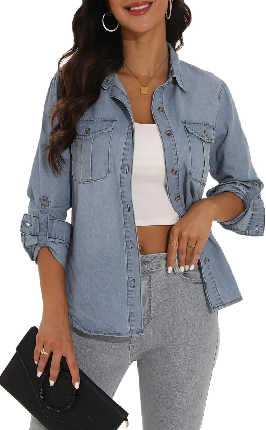 GUANYY Womens Denim Button Down Shirt Long Sleeve V Neck Jean Shirts Western Chambray Blouse Top