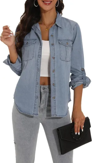 GUANYY Womens Denim Button Down Shirt Long Sleeve V Neck Jean Shirts Western Chambray Blouse Top