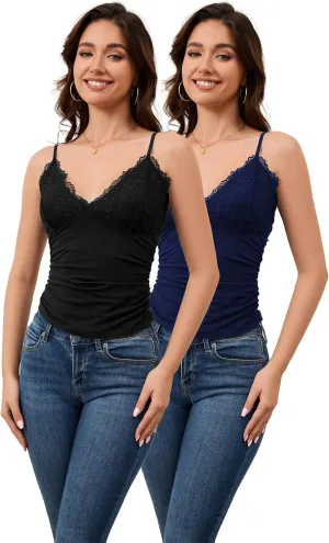 H HIAMIGOS Camisole Tops for Women V Neck Lace Undershirt, Soft Cotton Spaghetti Strap Cami for Ladies Pack of 2