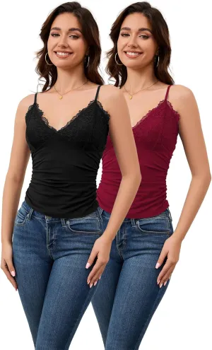 H HIAMIGOS Camisole Tops for Women V Neck Lace Undershirt, Soft Cotton Spaghetti Strap Cami for Ladies Pack of 2