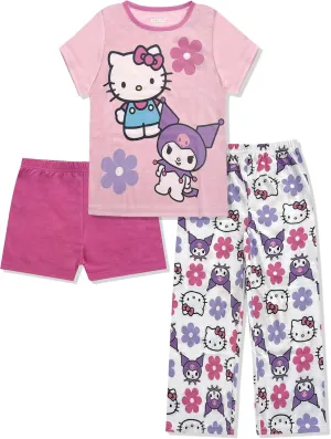 Hello Kitty Girls Pajama Set - 3 Piece Pants, T-Shirt & Shorts - Sleepwear PJ Set for Kids, Toddler Girl Pajamas