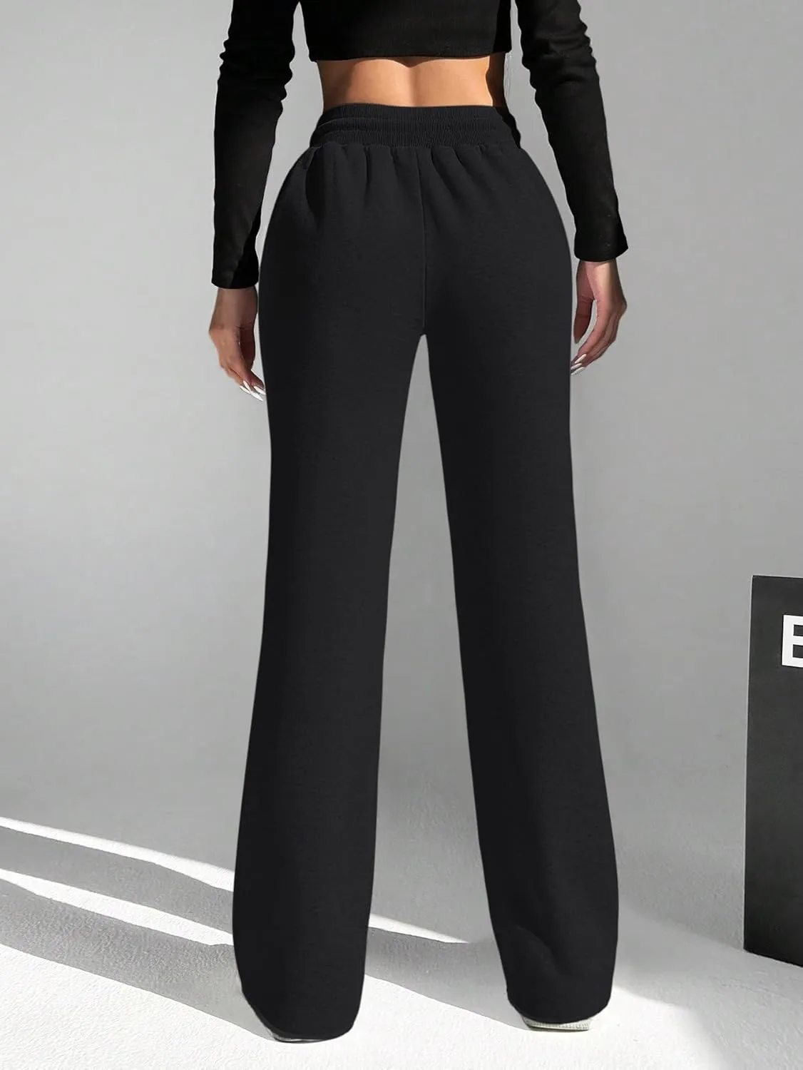 HeSaYep Women's Wide Leg Sweatpants Drawstring Ribbed Waist Baggy Sweat Pants Raw Hem Flared Lounge Pants