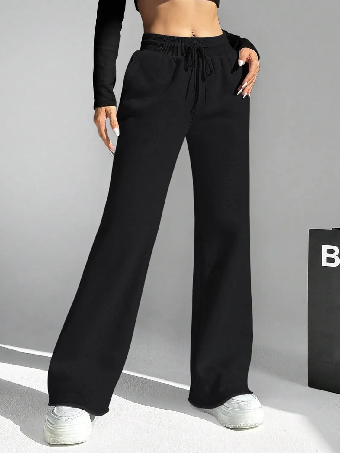 HeSaYep Women's Wide Leg Sweatpants Drawstring Ribbed Waist Baggy Sweat Pants Raw Hem Flared Lounge Pants