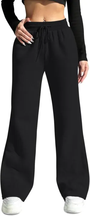 HeSaYep Women's Wide Leg Sweatpants Drawstring Ribbed Waist Baggy Sweat Pants Raw Hem Flared Lounge Pants