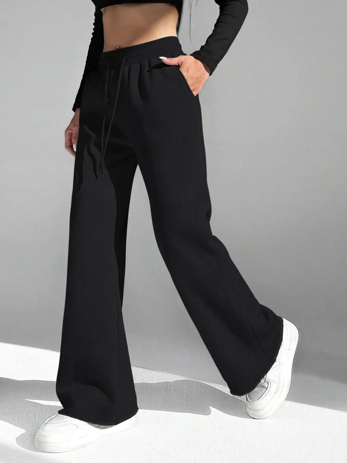 HeSaYep Women's Wide Leg Sweatpants Drawstring Ribbed Waist Baggy Sweat Pants Raw Hem Flared Lounge Pants