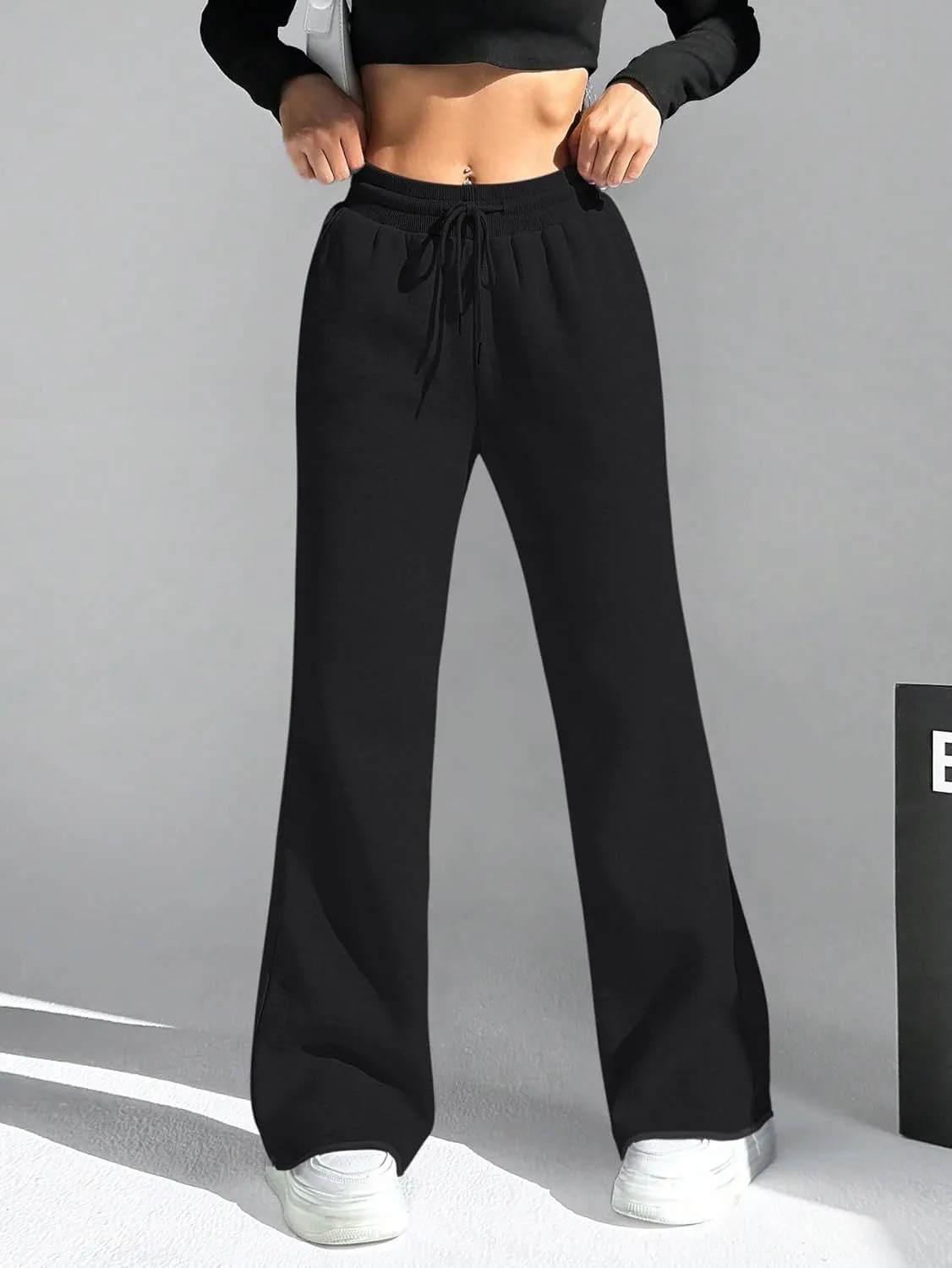 HeSaYep Women's Wide Leg Sweatpants Drawstring Ribbed Waist Baggy Sweat Pants Raw Hem Flared Lounge Pants