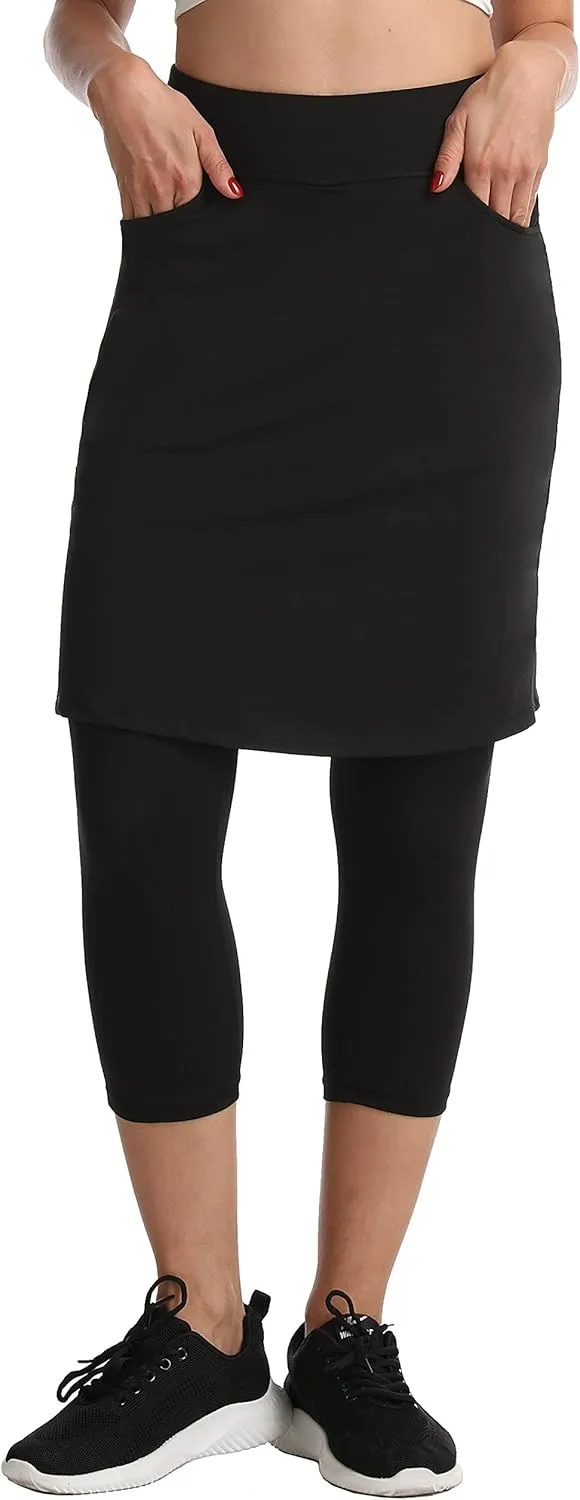 HOKOYI Modest Skirt with Leggings Attached for Women Workout Knee Length Swim Capri Pants with 2 Pockets
