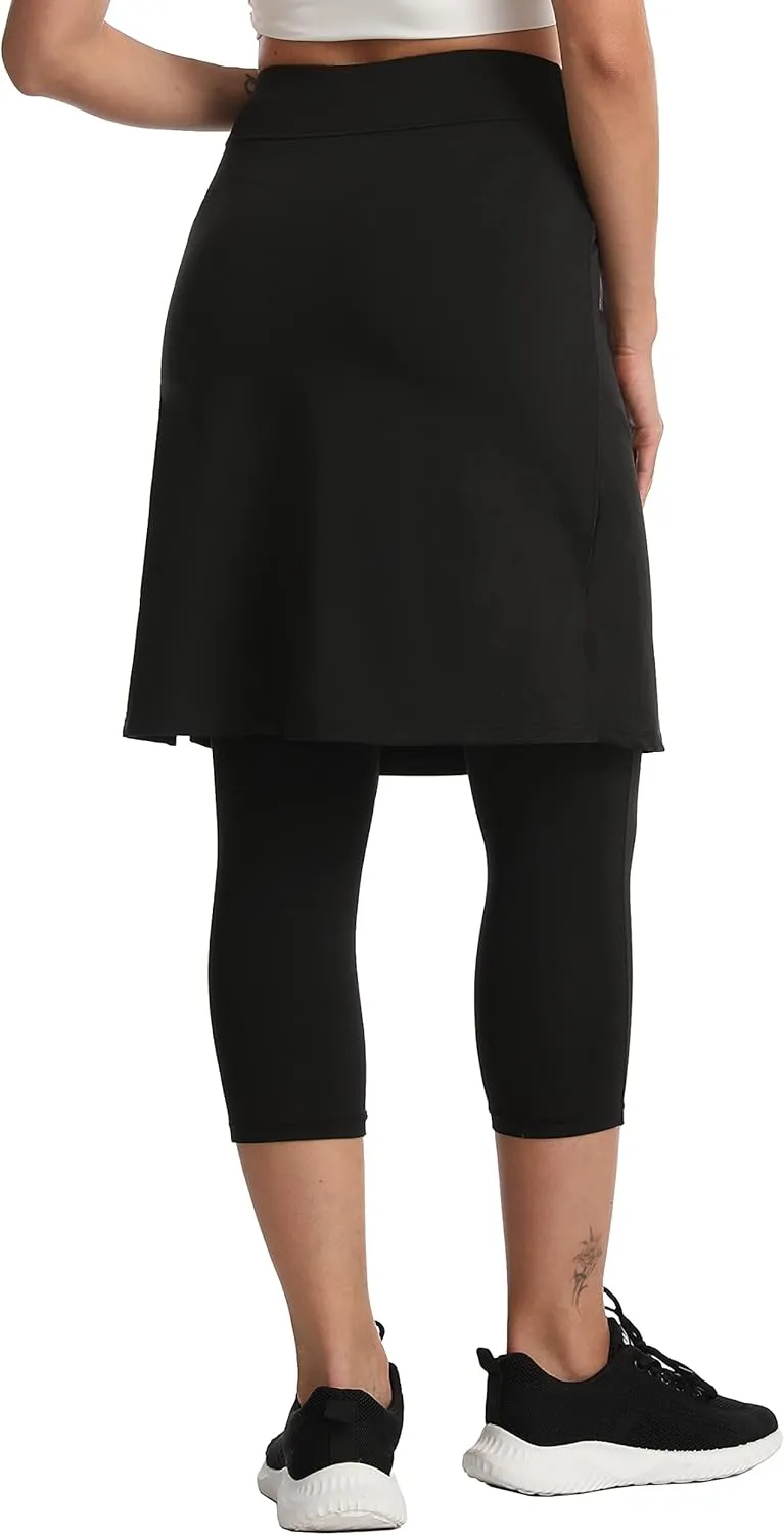 HOKOYI Modest Skirt with Leggings Attached for Women Workout Knee Length Swim Capri Pants with 2 Pockets