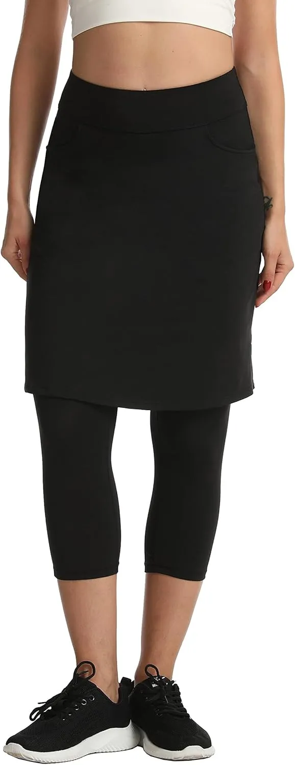 HOKOYI Modest Skirt with Leggings Attached for Women Workout Knee Length Swim Capri Pants with 2 Pockets