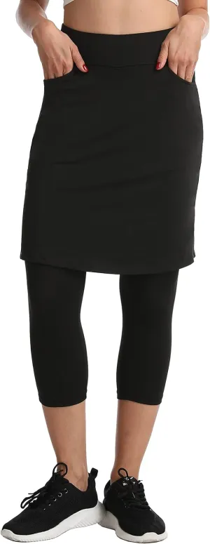 HOKOYI Modest Skirt with Leggings Attached for Women Workout Knee Length Swim Capri Pants with 2 Pockets