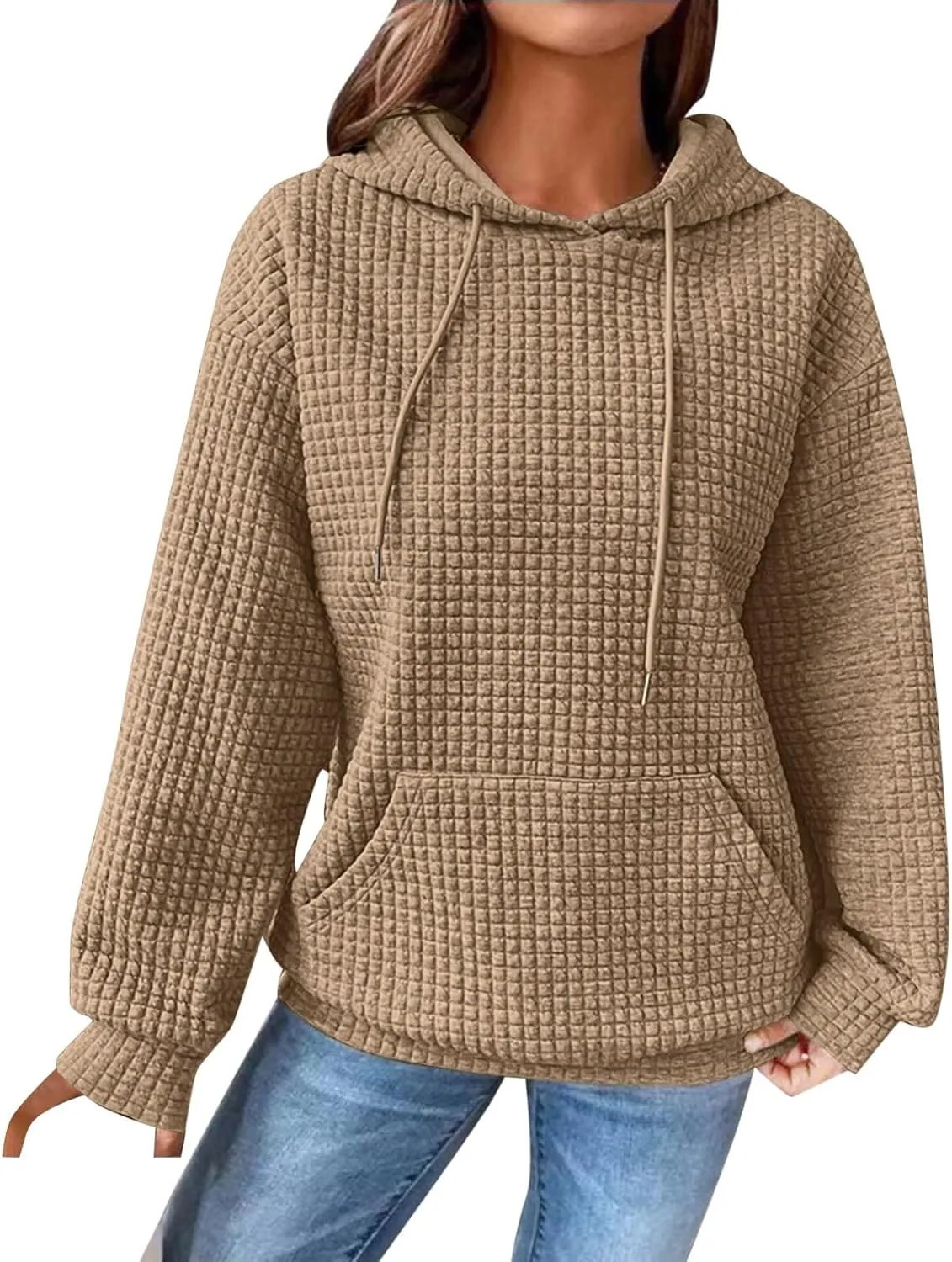Hoodie for Women Fall 2024 Trendy Waffle Knit Drawstring Pullover Sweatshirts Casual Loose Fit Sweater Cute Fashion Clothes