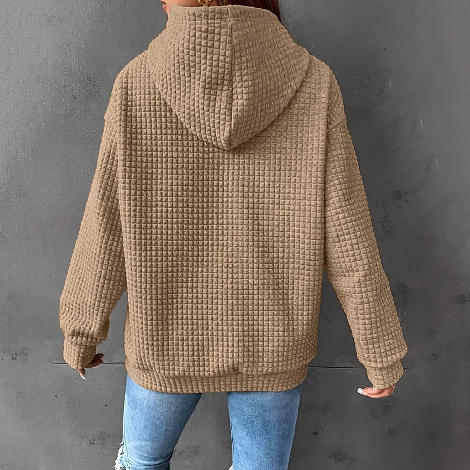 Hoodie for Women Fall 2024 Trendy Waffle Knit Drawstring Pullover Sweatshirts Casual Loose Fit Sweater Cute Fashion Clothes