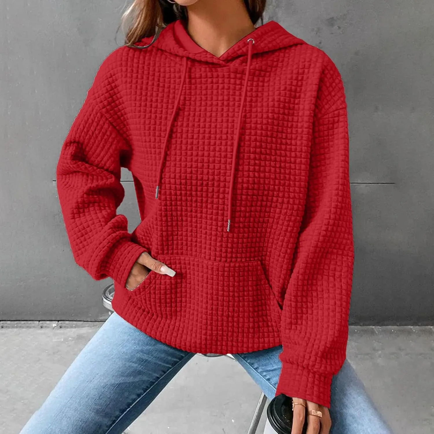 Hoodie for Women Fall 2024 Trendy Waffle Knit Drawstring Pullover Sweatshirts Casual Loose Fit Sweater Cute Fashion Clothes