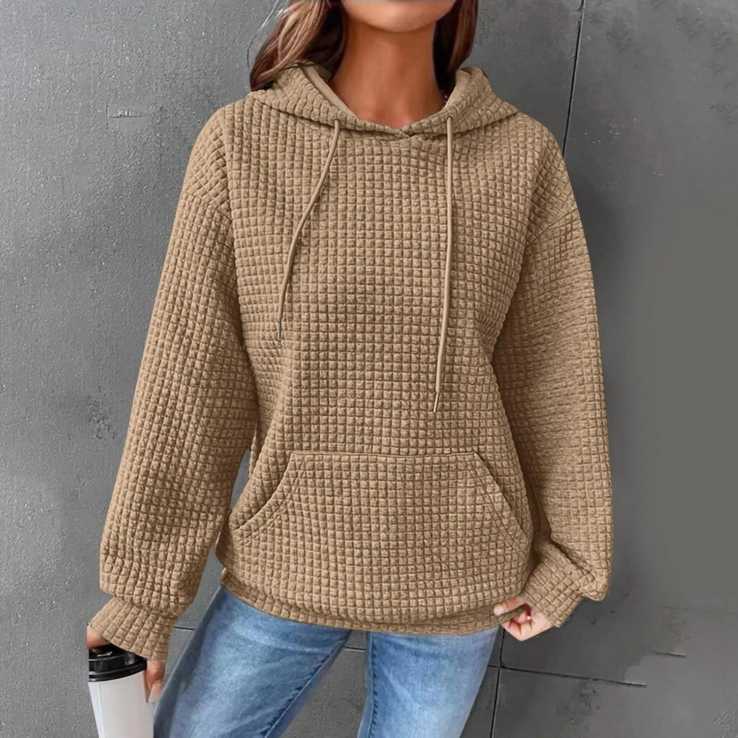 Hoodie for Women Fall 2024 Trendy Waffle Knit Drawstring Pullover Sweatshirts Casual Loose Fit Sweater Cute Fashion Clothes