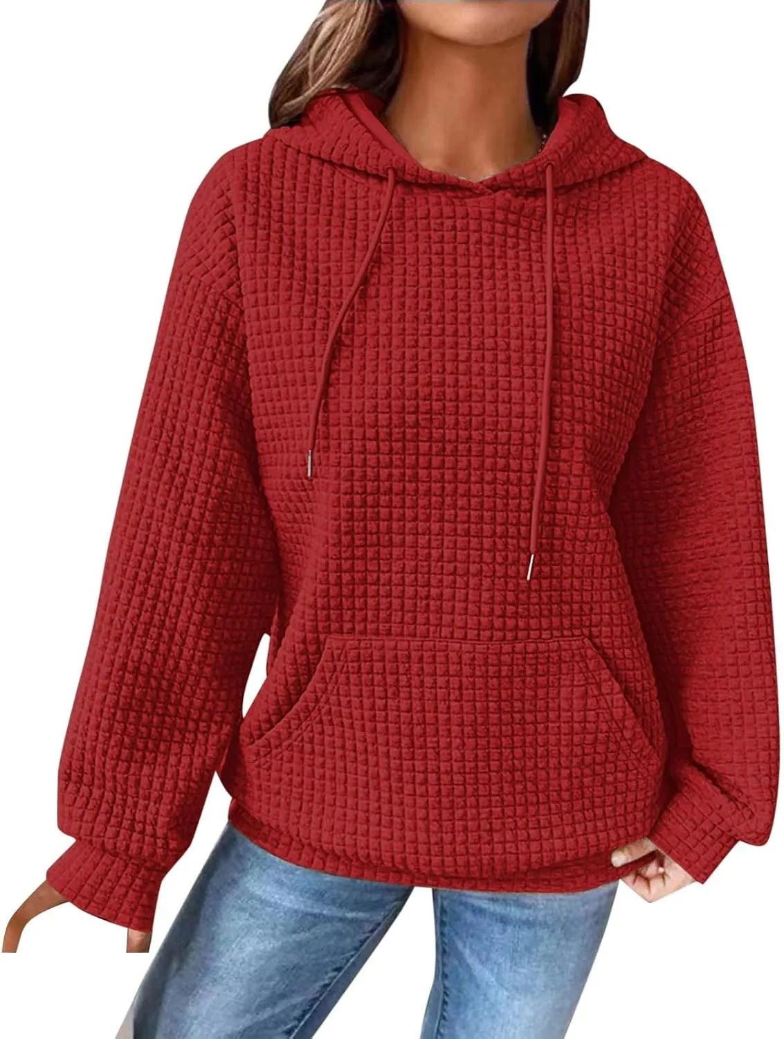Hoodie for Women Fall 2024 Trendy Waffle Knit Drawstring Pullover Sweatshirts Casual Loose Fit Sweater Cute Fashion Clothes