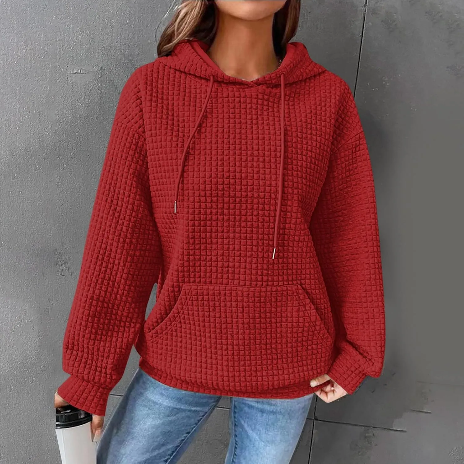 Hoodie for Women Fall 2024 Trendy Waffle Knit Drawstring Pullover Sweatshirts Casual Loose Fit Sweater Cute Fashion Clothes