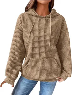 Hoodie for Women Fall 2024 Trendy Waffle Knit Drawstring Pullover Sweatshirts Casual Loose Fit Sweater Cute Fashion Clothes