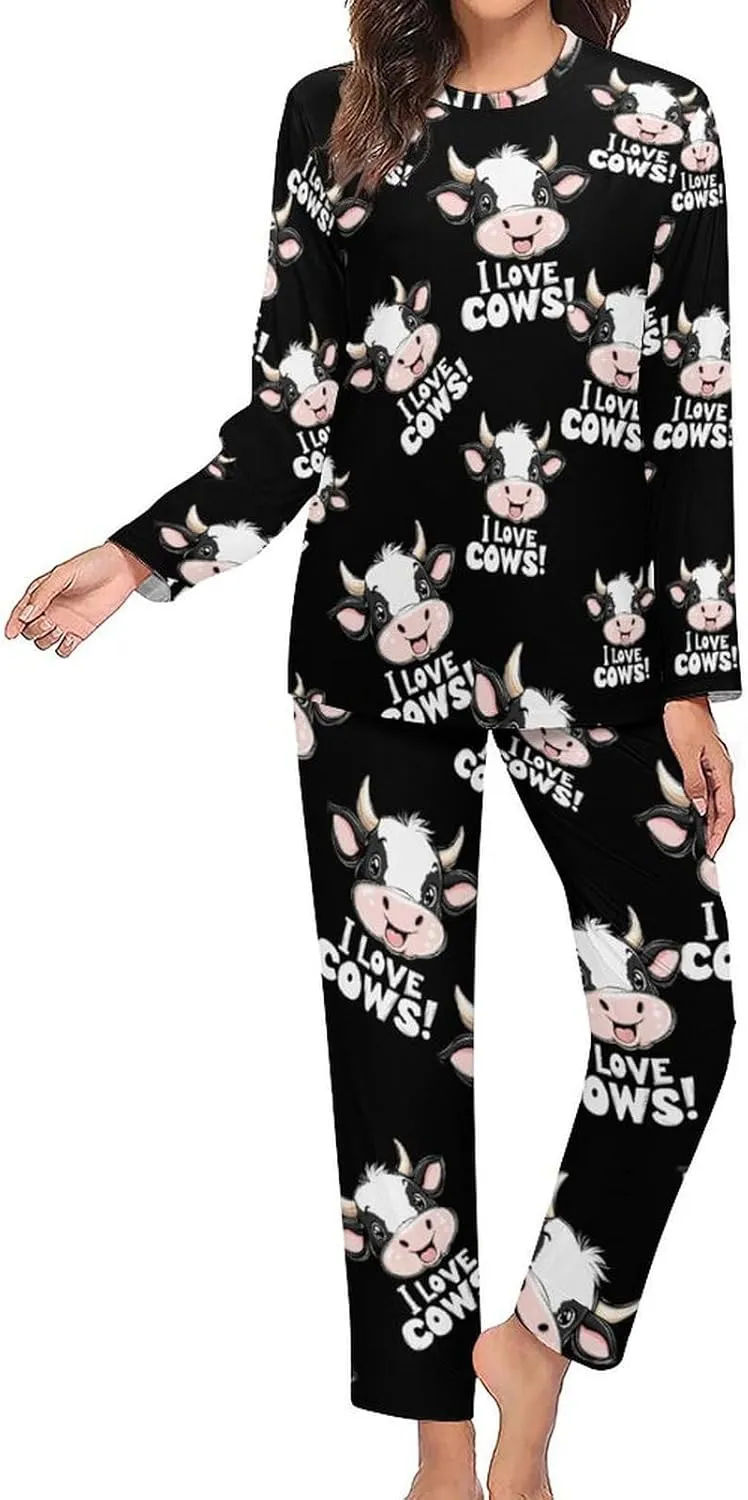 I Love Cows Women's Pajama Set Long Sleeve T-shirts Top & Pant Comfort Sleepwear Loungewear