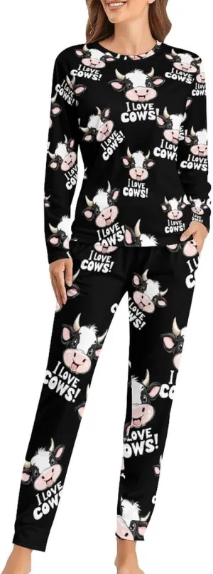 I Love Cows Women's Pajama Set Long Sleeve T-shirts Top & Pant Comfort Sleepwear Loungewear
