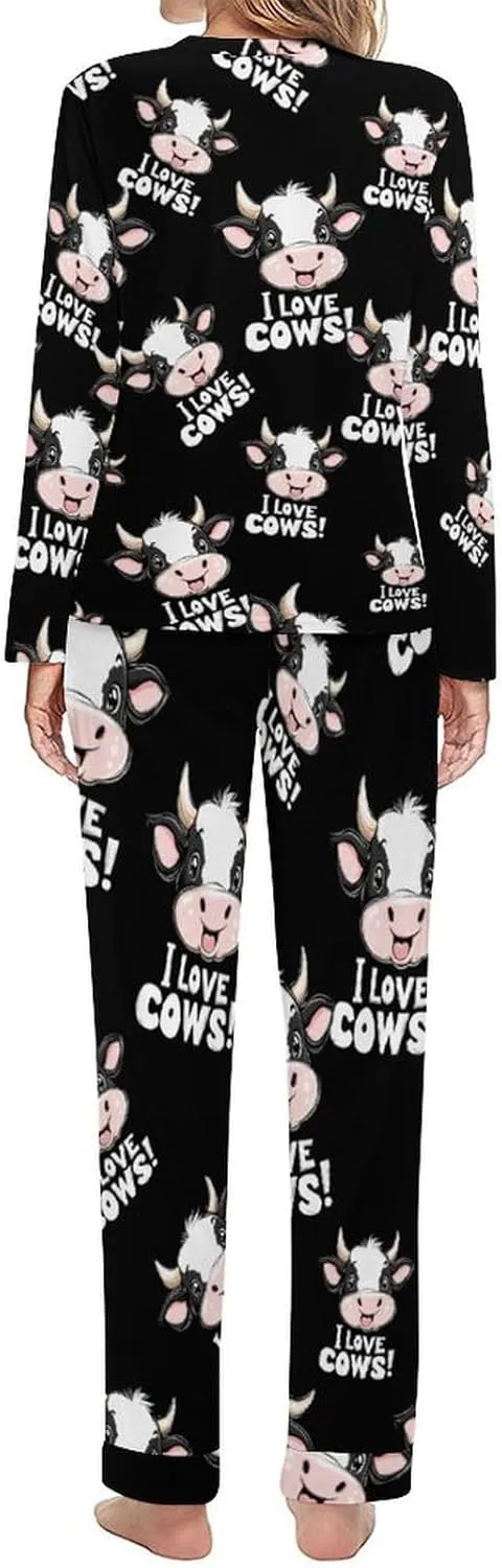 I Love Cows Women's Pajama Set Long Sleeve T-shirts Top & Pant Comfort Sleepwear Loungewear