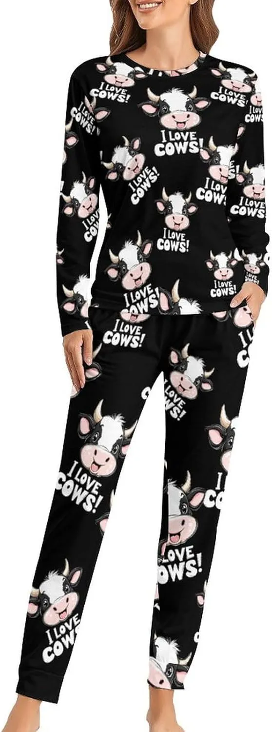 I Love Cows Women's Pajama Set Long Sleeve T-shirts Top & Pant Comfort Sleepwear Loungewear