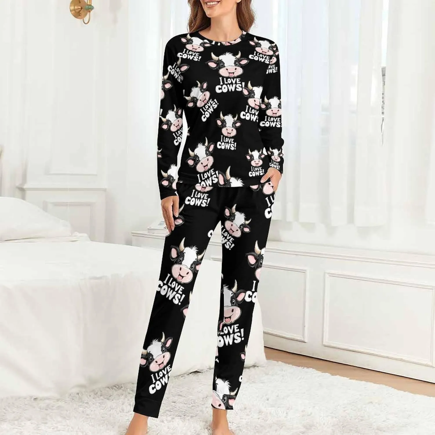 I Love Cows Women's Pajama Set Long Sleeve T-shirts Top & Pant Comfort Sleepwear Loungewear