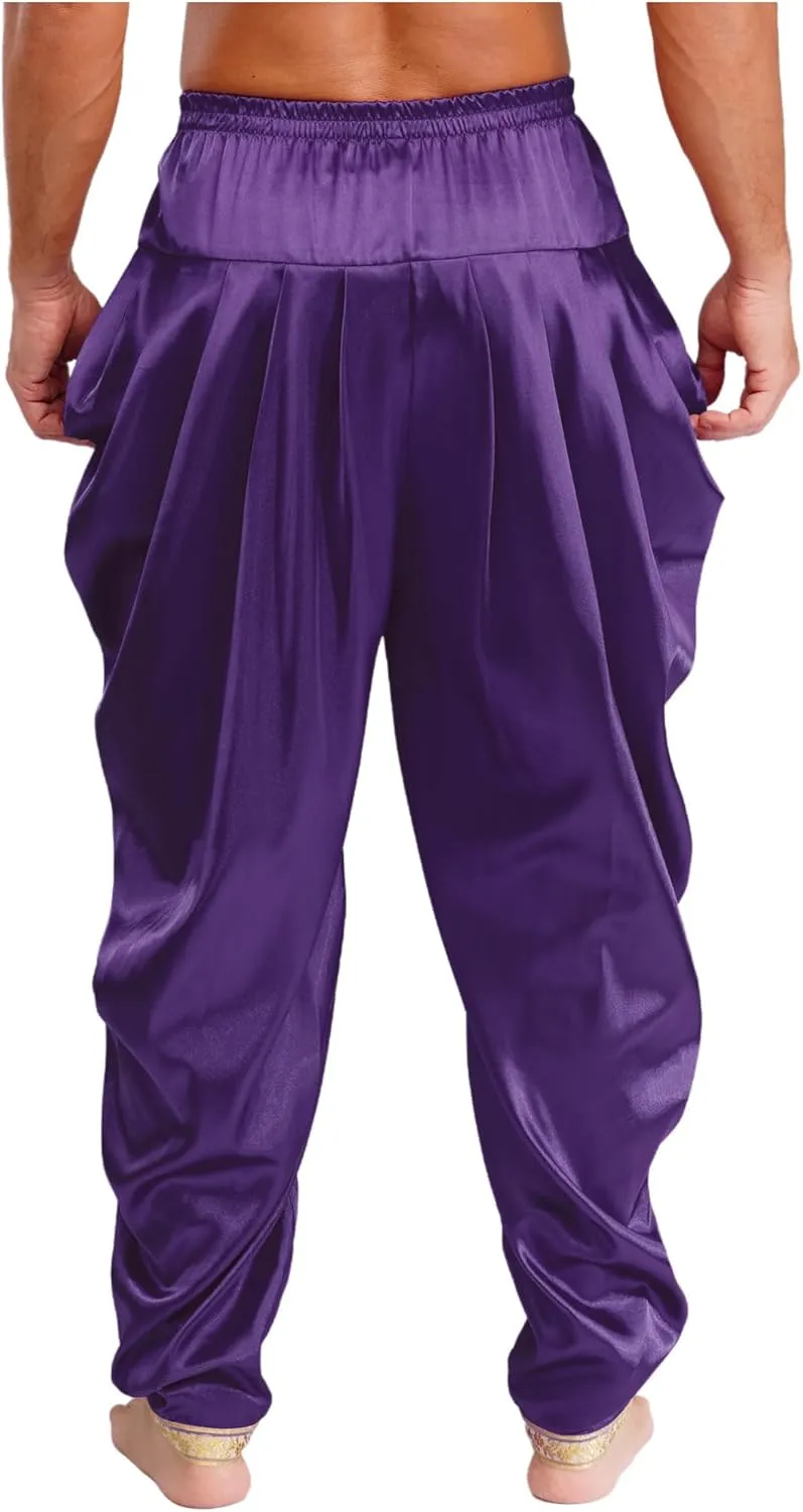 iiniim Mens Solid Color Elastic Waist Dhoti Pants Palazzo Trousers Loose Fit Belly Dance Harem Pants