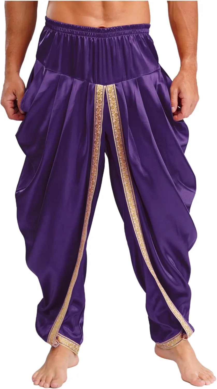 iiniim Mens Solid Color Elastic Waist Dhoti Pants Palazzo Trousers Loose Fit Belly Dance Harem Pants