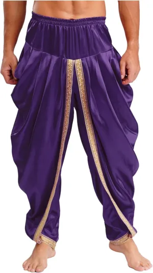 iiniim Mens Solid Color Elastic Waist Dhoti Pants Palazzo Trousers Loose Fit Belly Dance Harem Pants