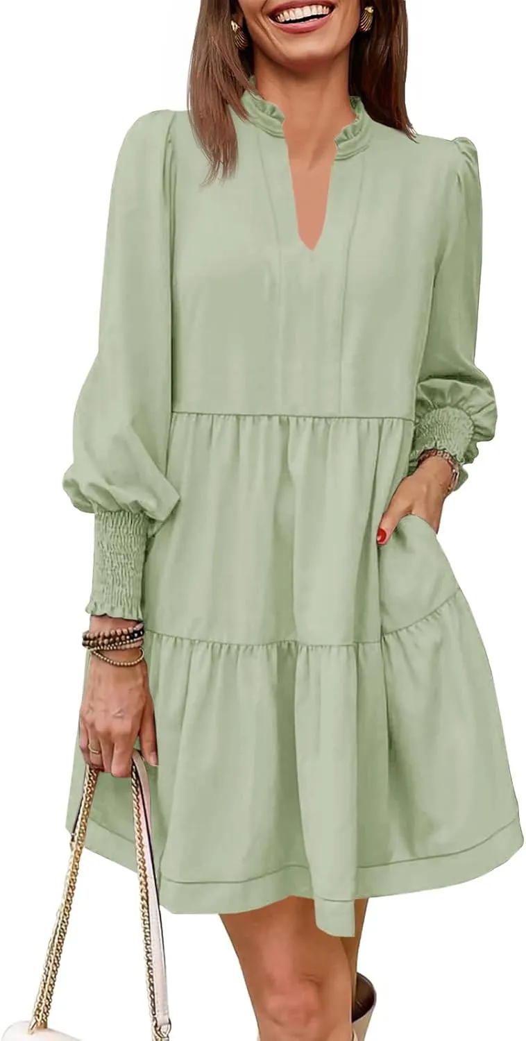 Imily Bela Womens Fall Long Sleeve Tunic Dress Casual V Neck Loose Ruffle Tiered Dress
