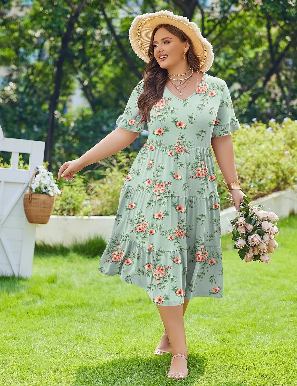 IN'VOLAND Womens Plus Size Short Sleeve Dress Summer Midi Casual Tiered V-Neck Aline Flowy Loose Dresses with Pockets