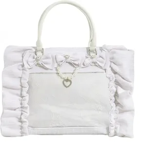 Ita Bag Tote Handbag Small Aesthetic Single Shoulder Crossbody Bag with Insert Ruffle Bow Purse for Gothic Girls (White)