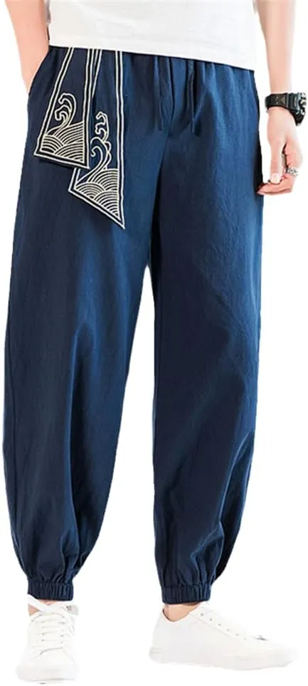 Japanese Casual Kimono Pants Loose Japan Men Traditional Asian Clothing Style Embroidered Harem Costume