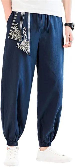 Japanese Casual Kimono Pants Loose Japan Men Traditional Asian Clothing Style Embroidered Harem Costume