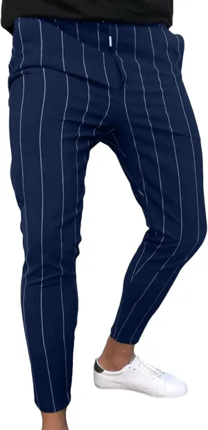 JEShifangjiusu Mens Chinos Casual Pants Slim Fit Stretch Flat Front Plaid Dress Pants Skinny Drawstring Business Trousers
