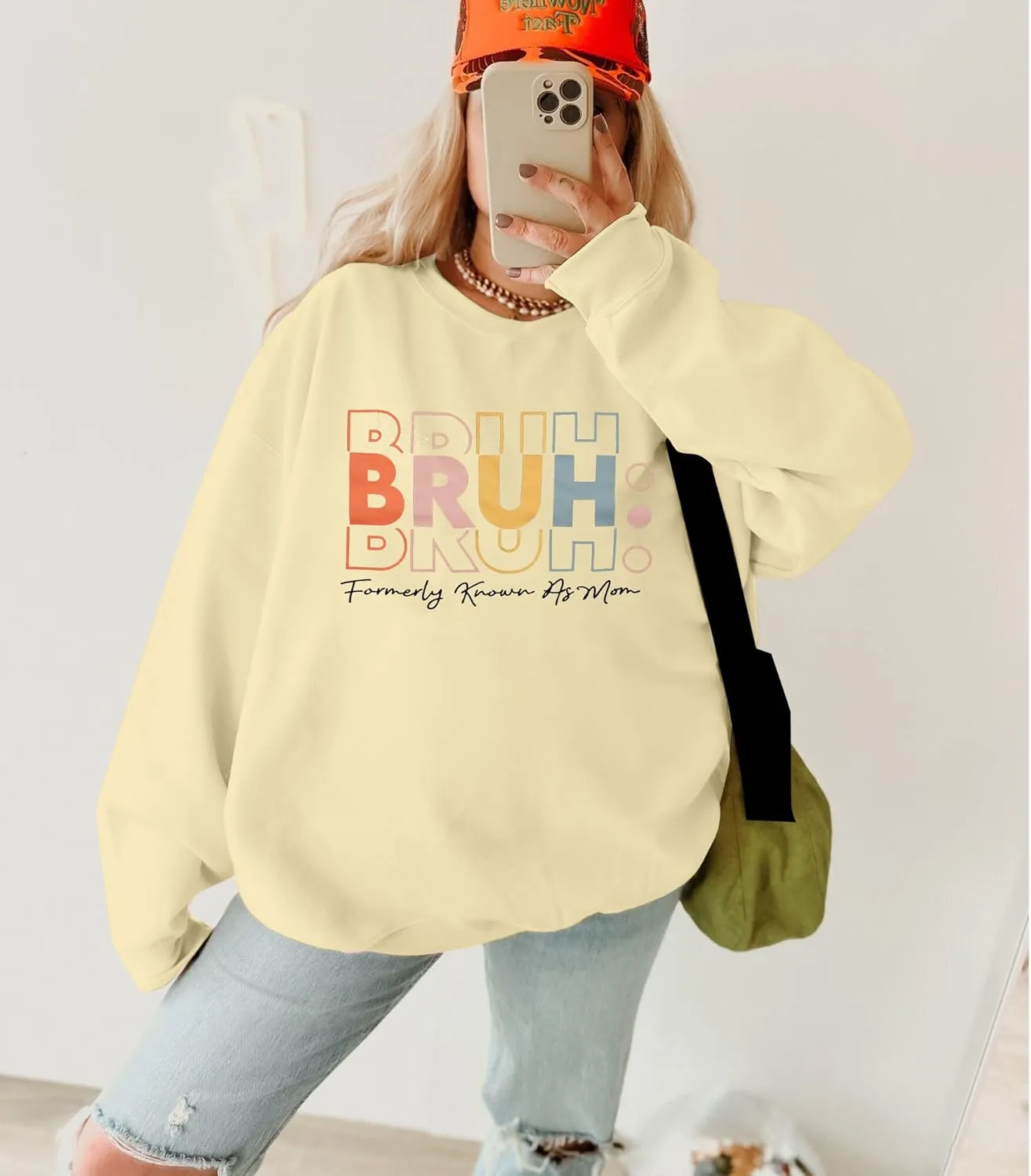 JINTING Oversized Mom Sweatshirts for Women Bruh Mom Hoodie Funny Mama Letter Print Pullover Casual Long Sleeve Tops