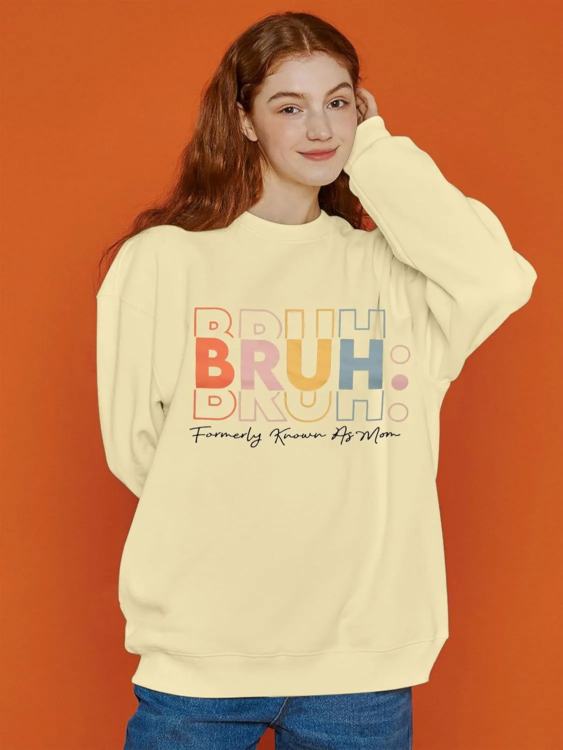 JINTING Oversized Mom Sweatshirts for Women Bruh Mom Hoodie Funny Mama Letter Print Pullover Casual Long Sleeve Tops
