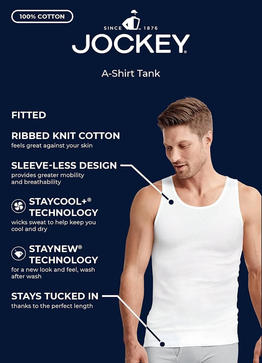 Jockey Men's Undershirt 100% Cotton A-Shirt Tank - 4 Pack