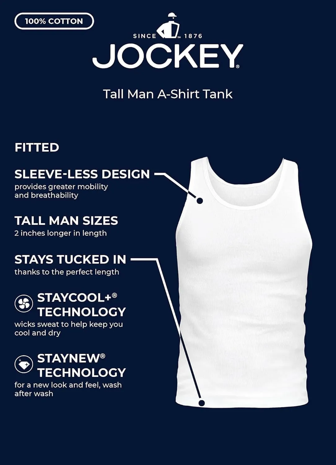 Jockey Men's Undershirt 100% Cotton Tall Man A-Shirt Tank - 3 Pack